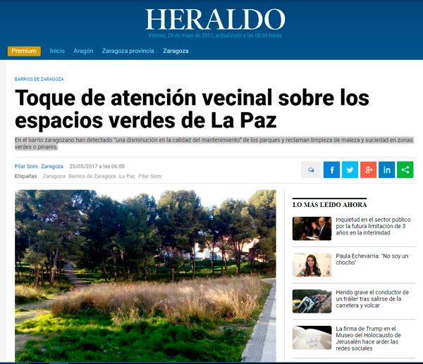 Heraldo publica una noticia sobre el estado de los parques del barrio